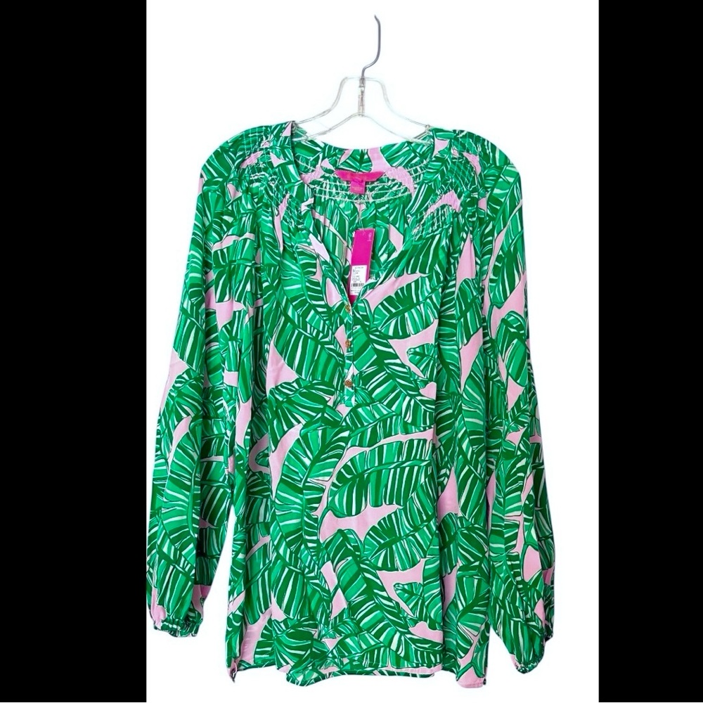 Lilly Pulitzer Elsa Silk Top - Let’s Go Bananas Conch Shell Pink - NWT Size XL